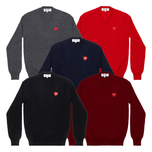 꼼데가르송 PLAY CDG 브이넥 니트 라인스톤 레드와펜 남녀공용 5컬러 AX-N801-051